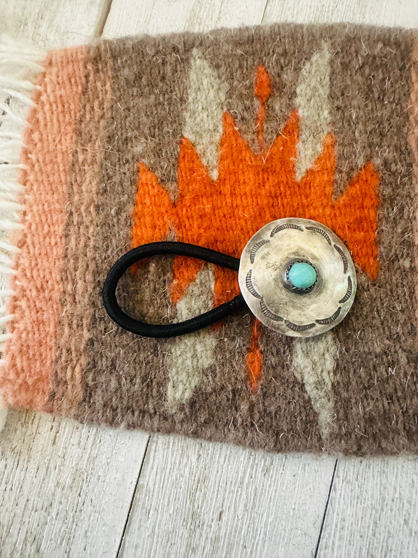 Turquoise & Sterling Silver Hand Stamped Hair Tie