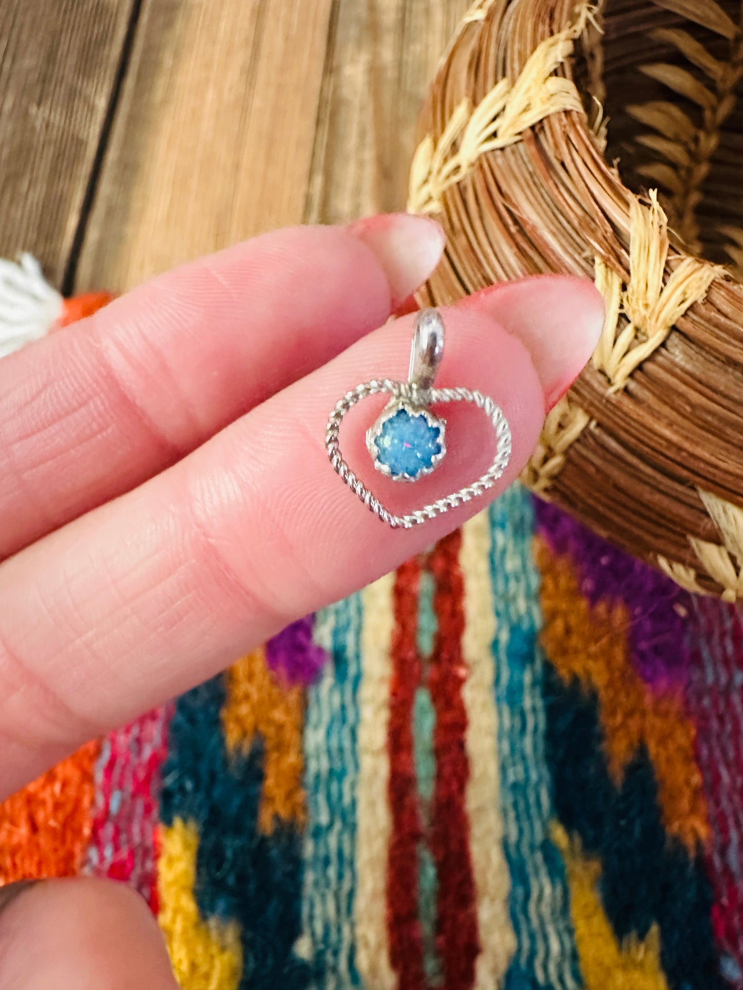 Handcrafted Sterling Silver and Blue Fire Opal Mini Heart Pendant