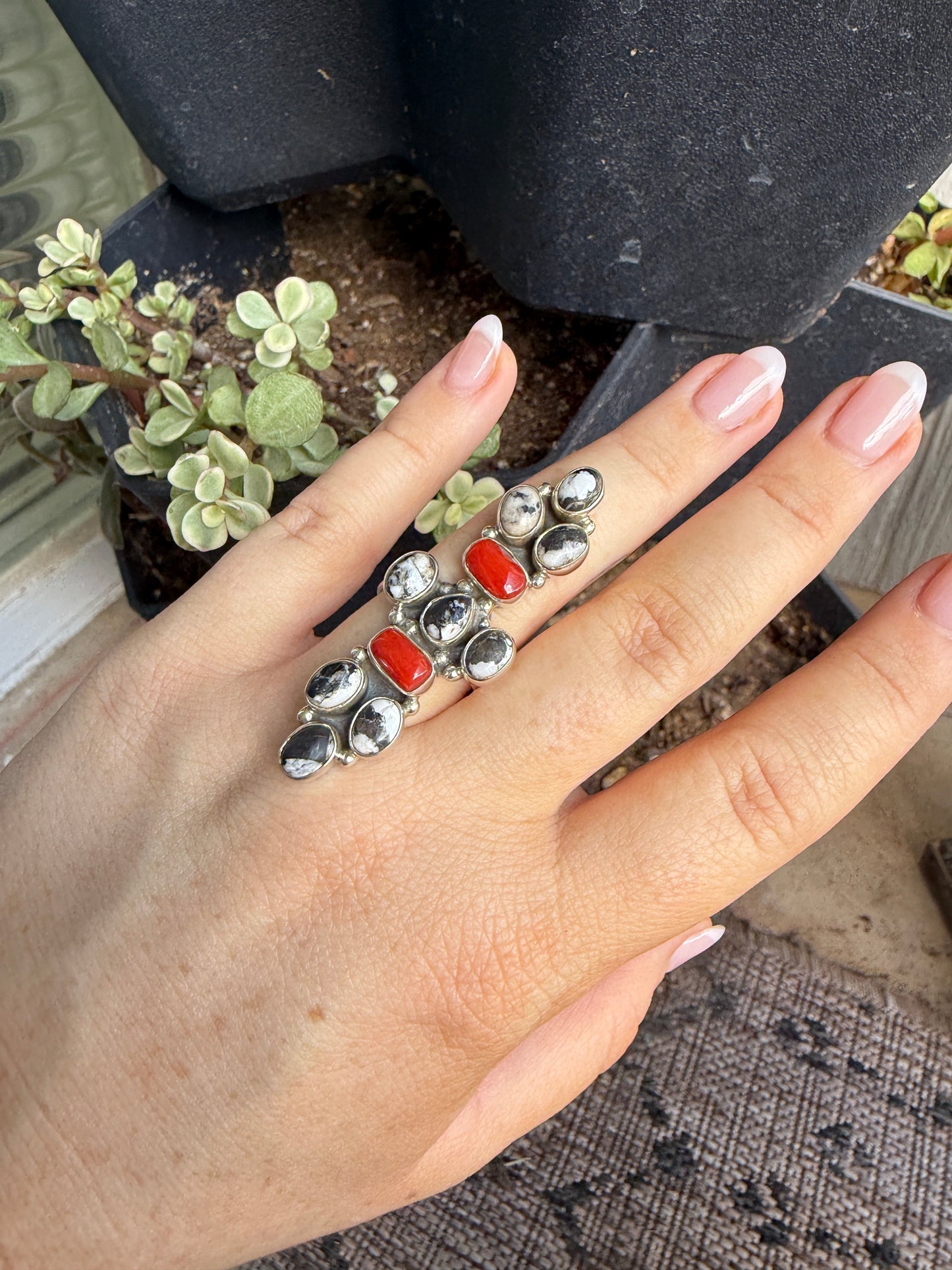 Handmade Coral, White Buffalo & Sterling Silver Adjustable Ring Signed Nizhoni