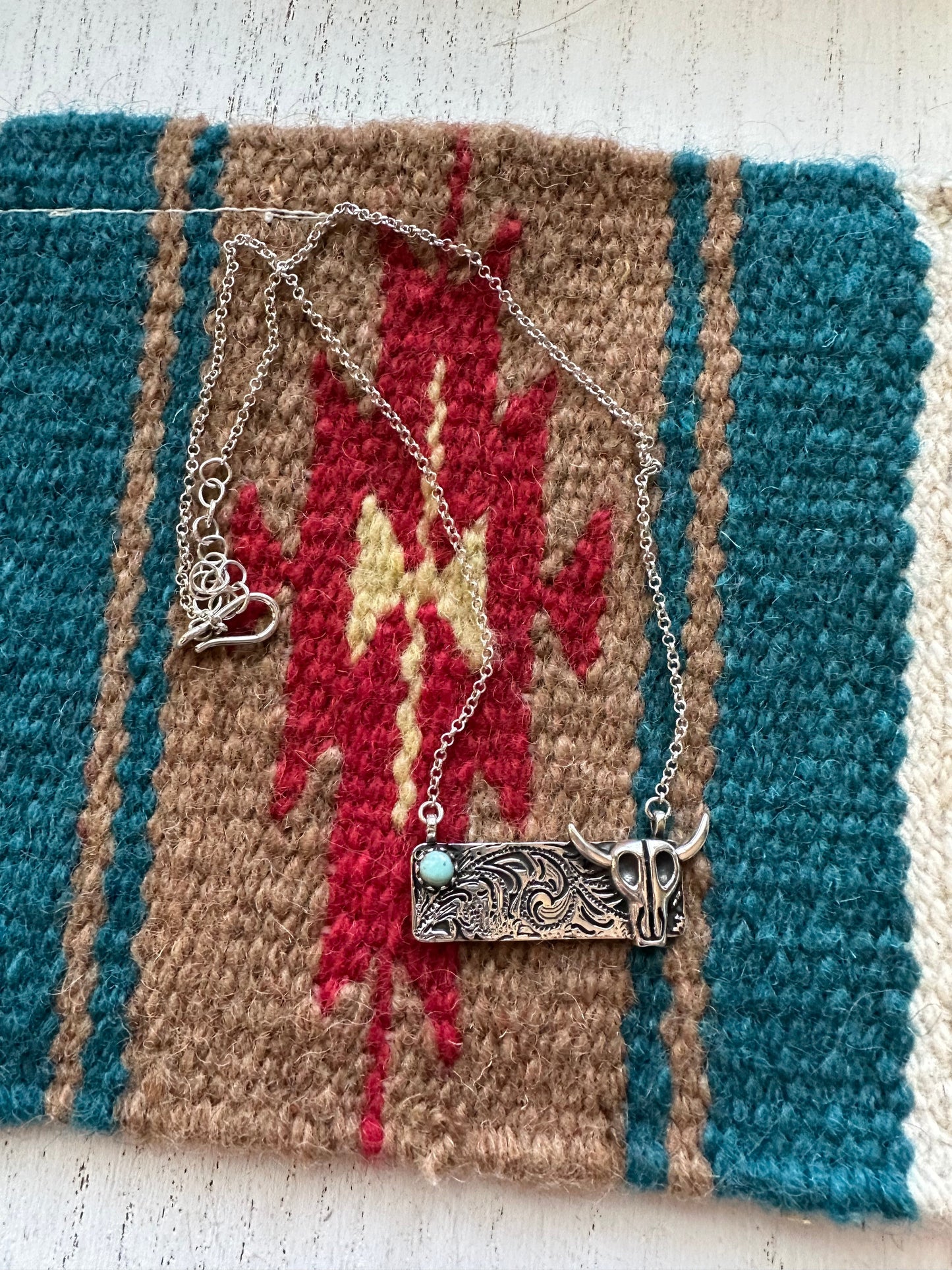 Wild One Bull Handmade Sterling Silver Turquoise Bar Necklace