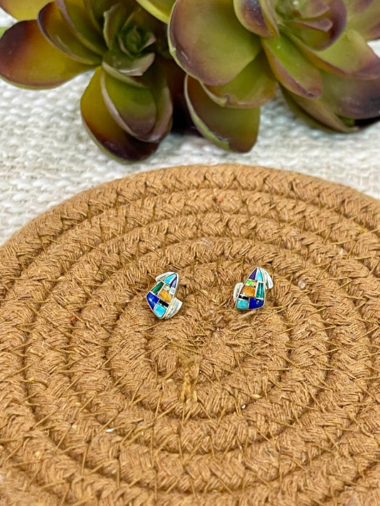 Gorgeous Handmade Sterling Silver & Multi Stone Inlay Stud Earrings