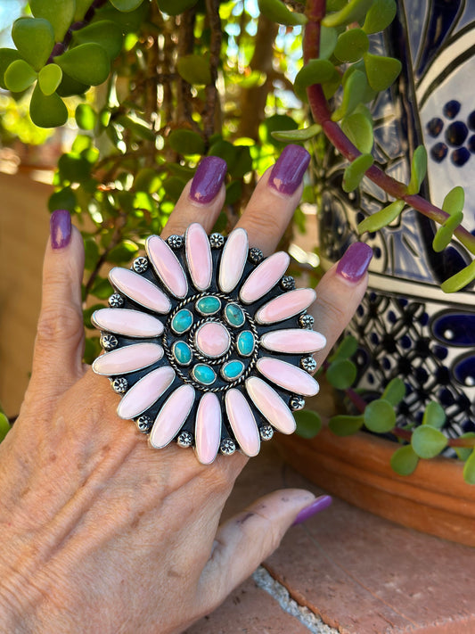 Handcrafted Sterling Silver, Turquoise & Queen Pink Conch Adjustable Ring