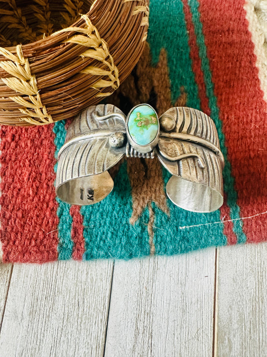 Handcrafted Sonoran Gold Turquoise & Sterling Silver Feather Cuff Bracelet