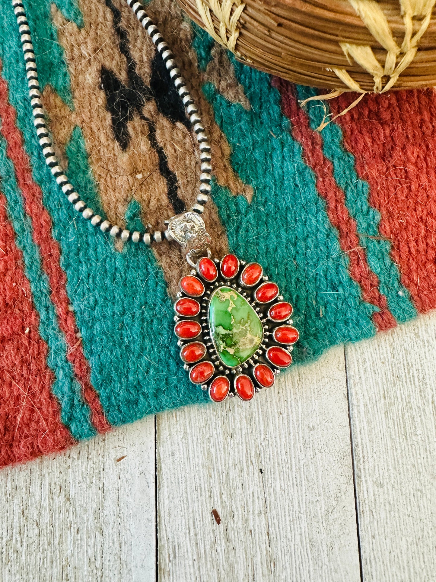 ** Christmas Collection ** Handmade Sterling Silver, Coral & Turquoise Cluster Pendant Signed Nizhoni