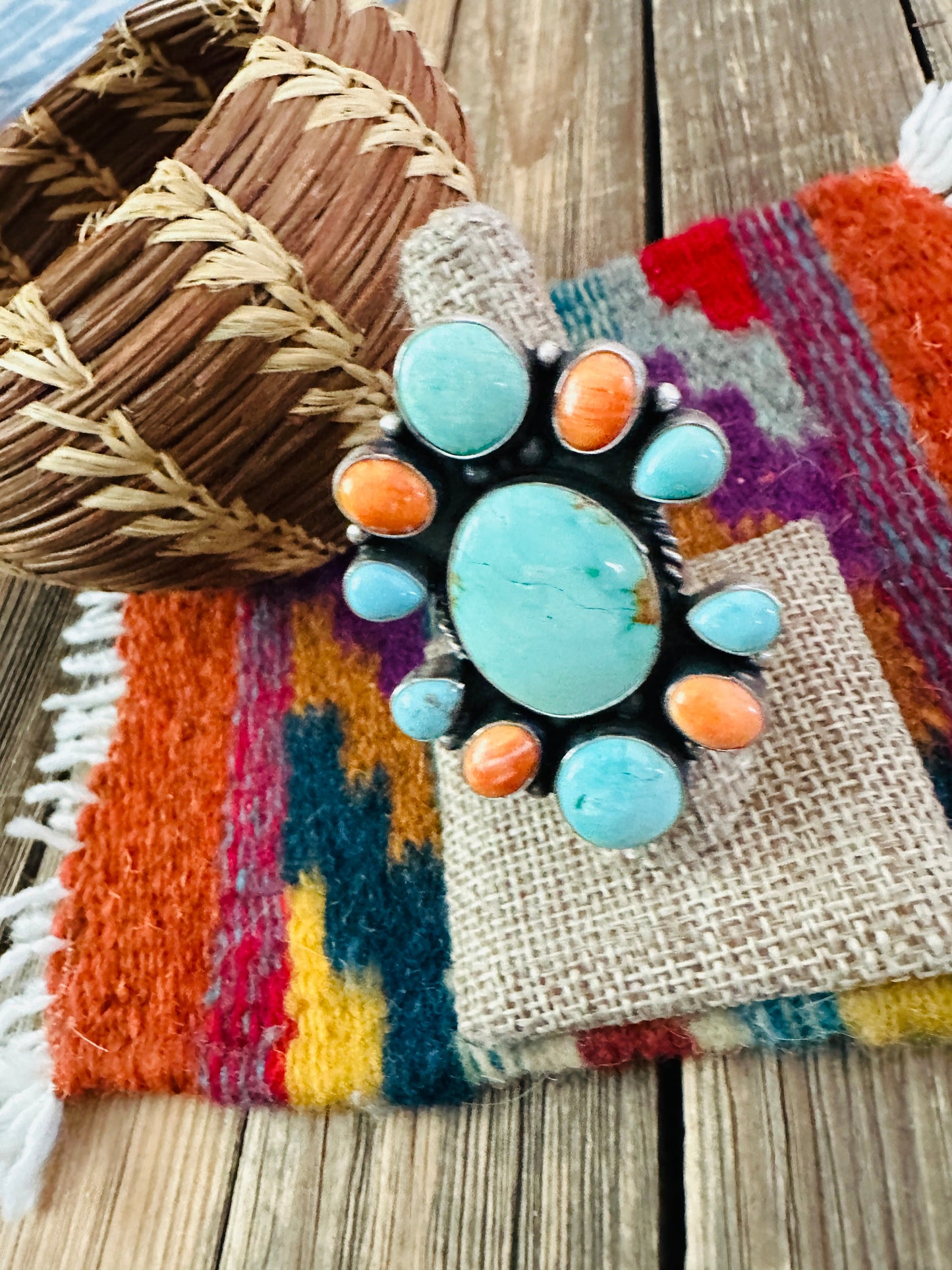 Handcrafted Spiny, Turquoise & Sterling Silver Cluster Ring Size 8.5 by Sheila Becenti