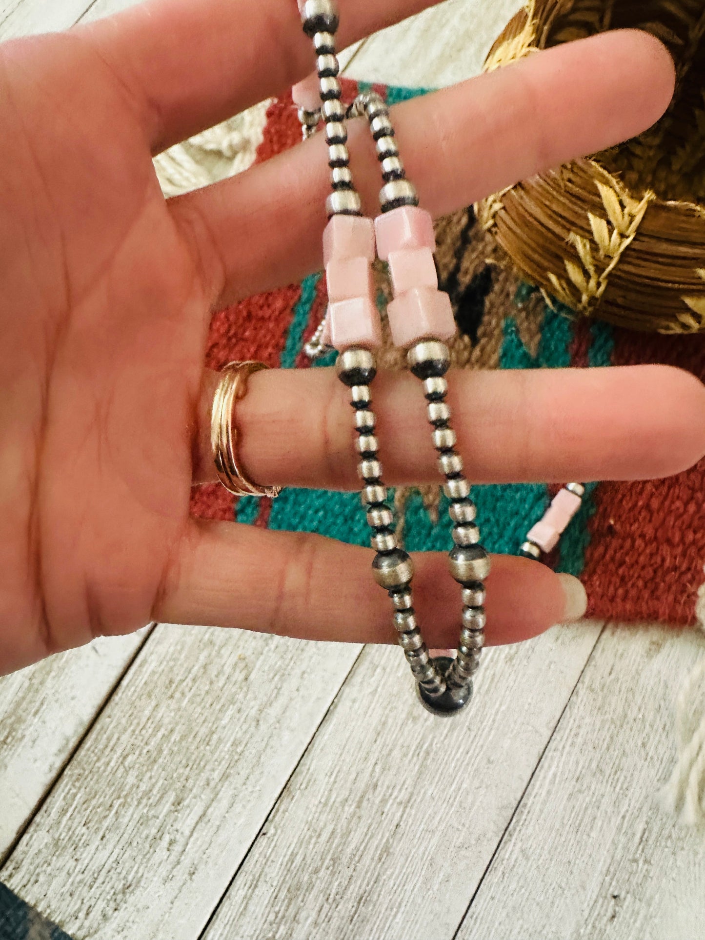 Handcrafted Queen Pink Conch & Sterling Silver Beaded Lariat Necklace