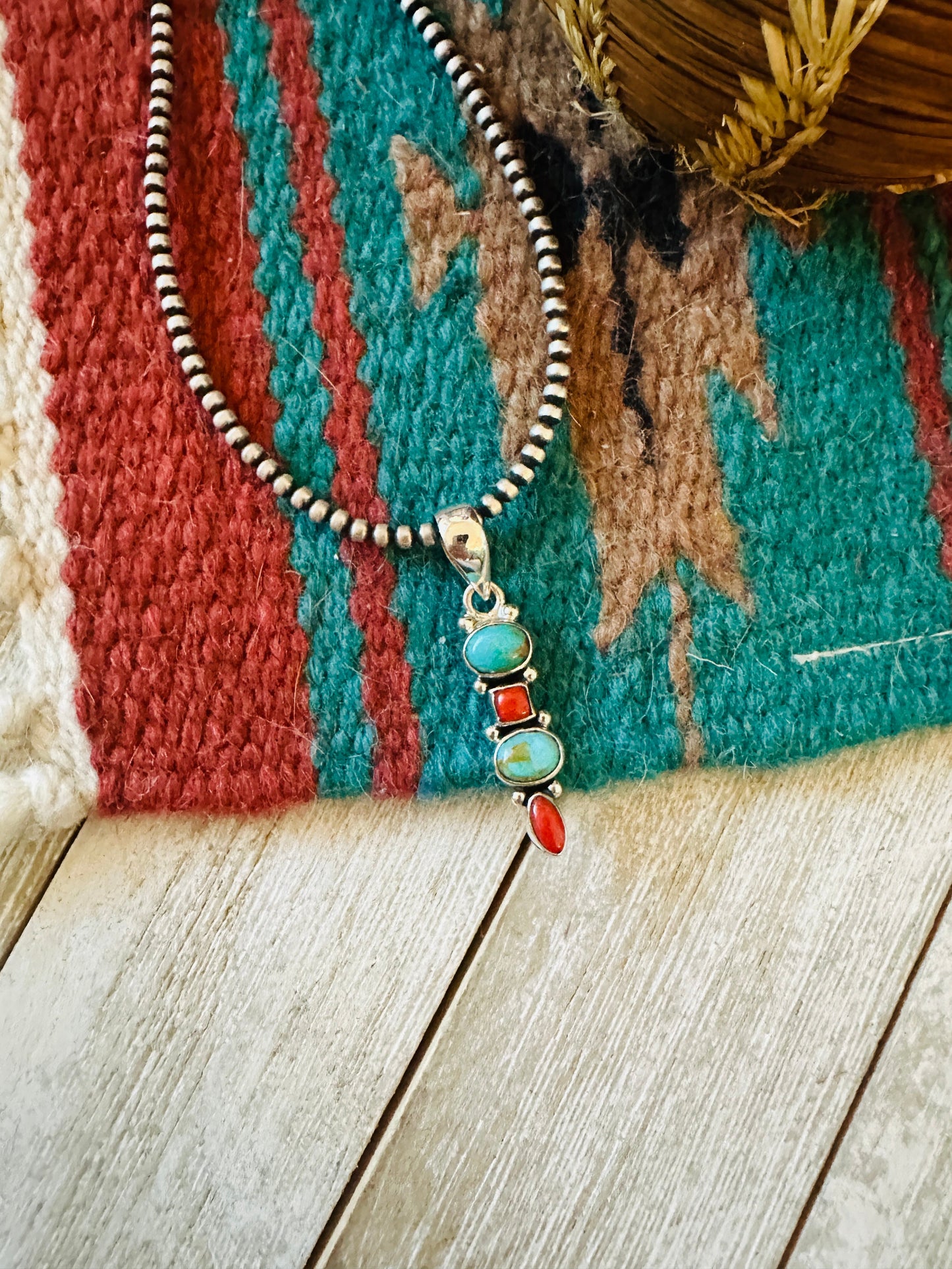 ** Christmas Collection ** Handmade Sterling Silver, Coral & Turquoise Pendant Signed Nizhoni