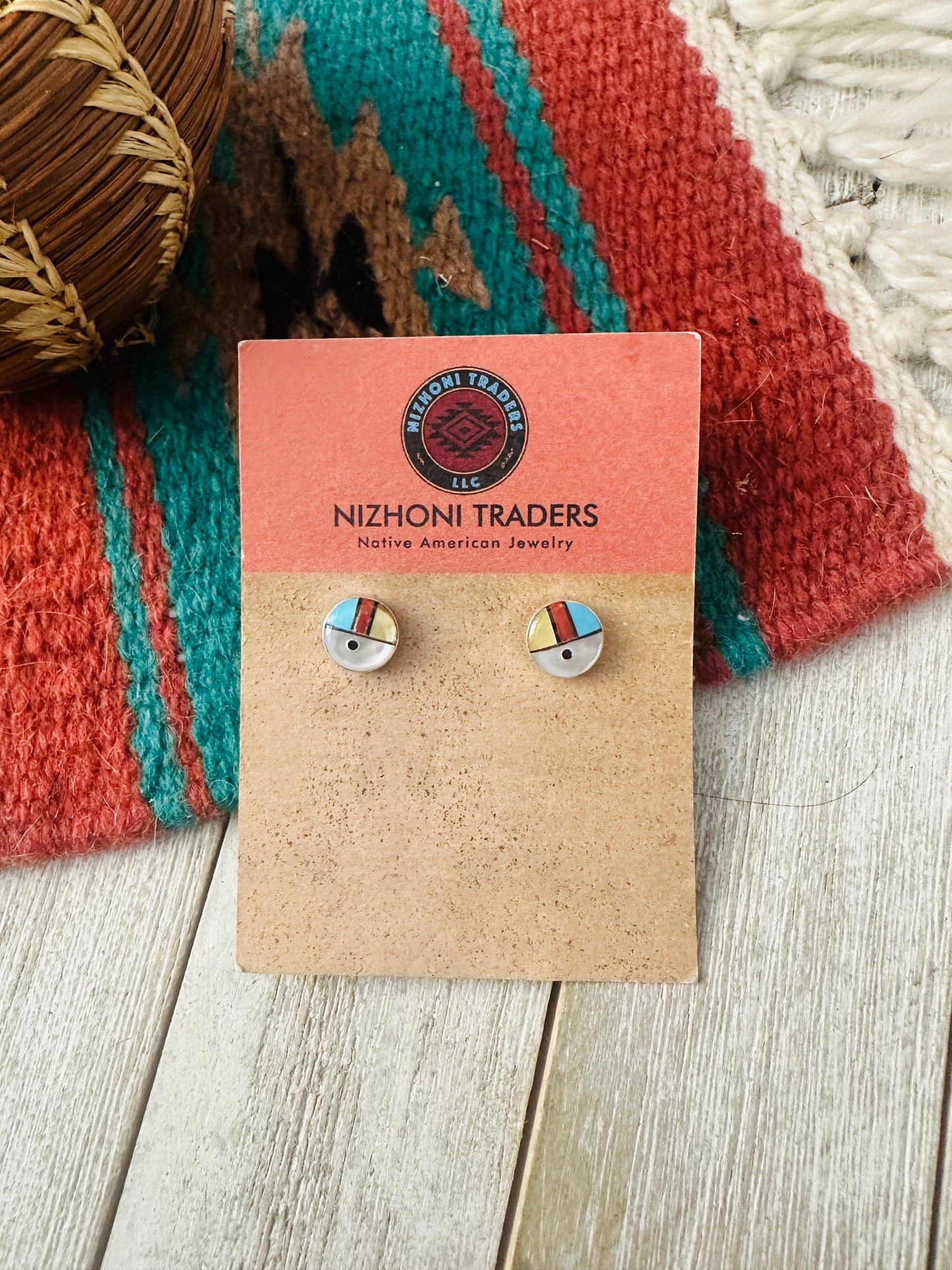 Handcrafted Multi Stone & Sterling Silver Inlay Sun Face Stud Earrings