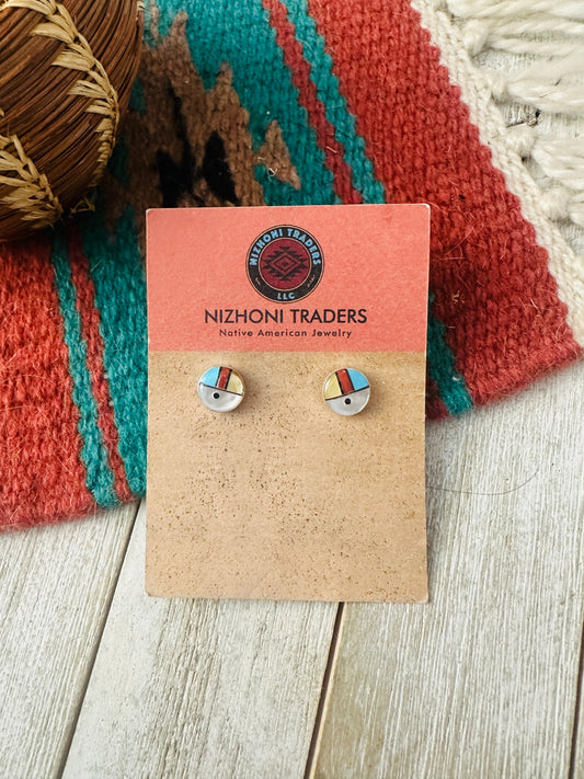 Handcrafted Multi Stone & Sterling Silver Inlay Sun Face Stud Earrings