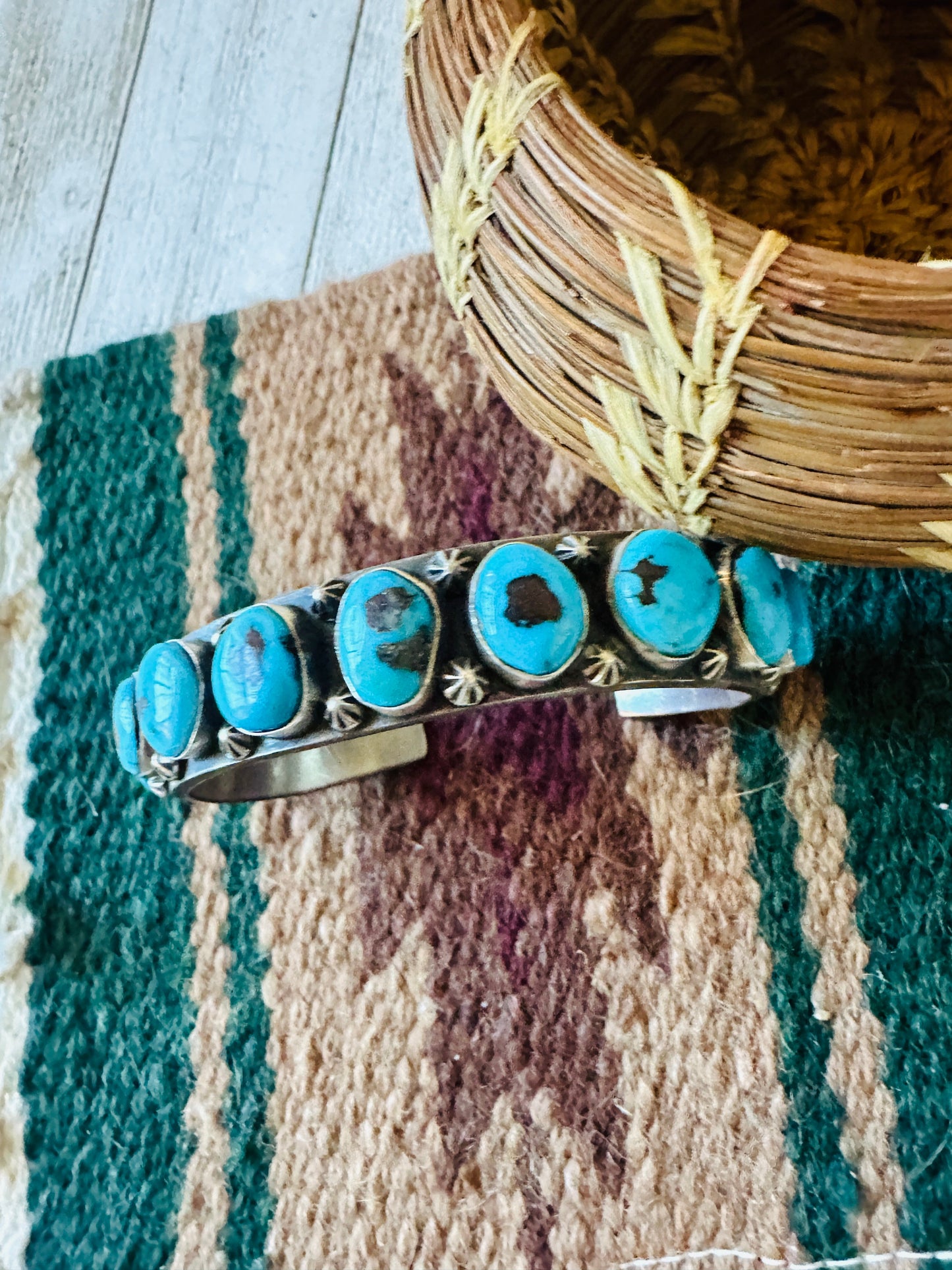 Old Pawn Handcrafted Sterling Silver & Sleeping Beauty Turquoise Cuff Bracelet /