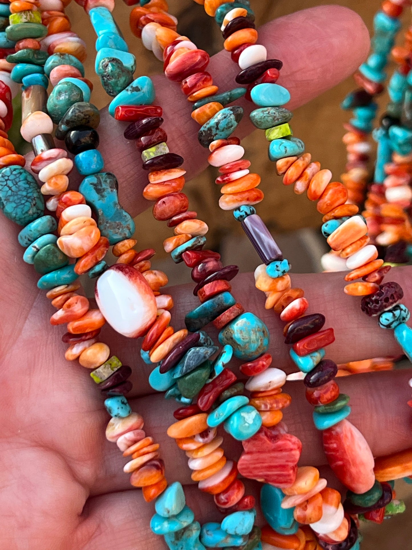 Gorgeous Handcrafted Made Six Strand Spiny Oyster and Turquoise Beaded Squaw Wrap Necklace with Spiny Oyster Tabs