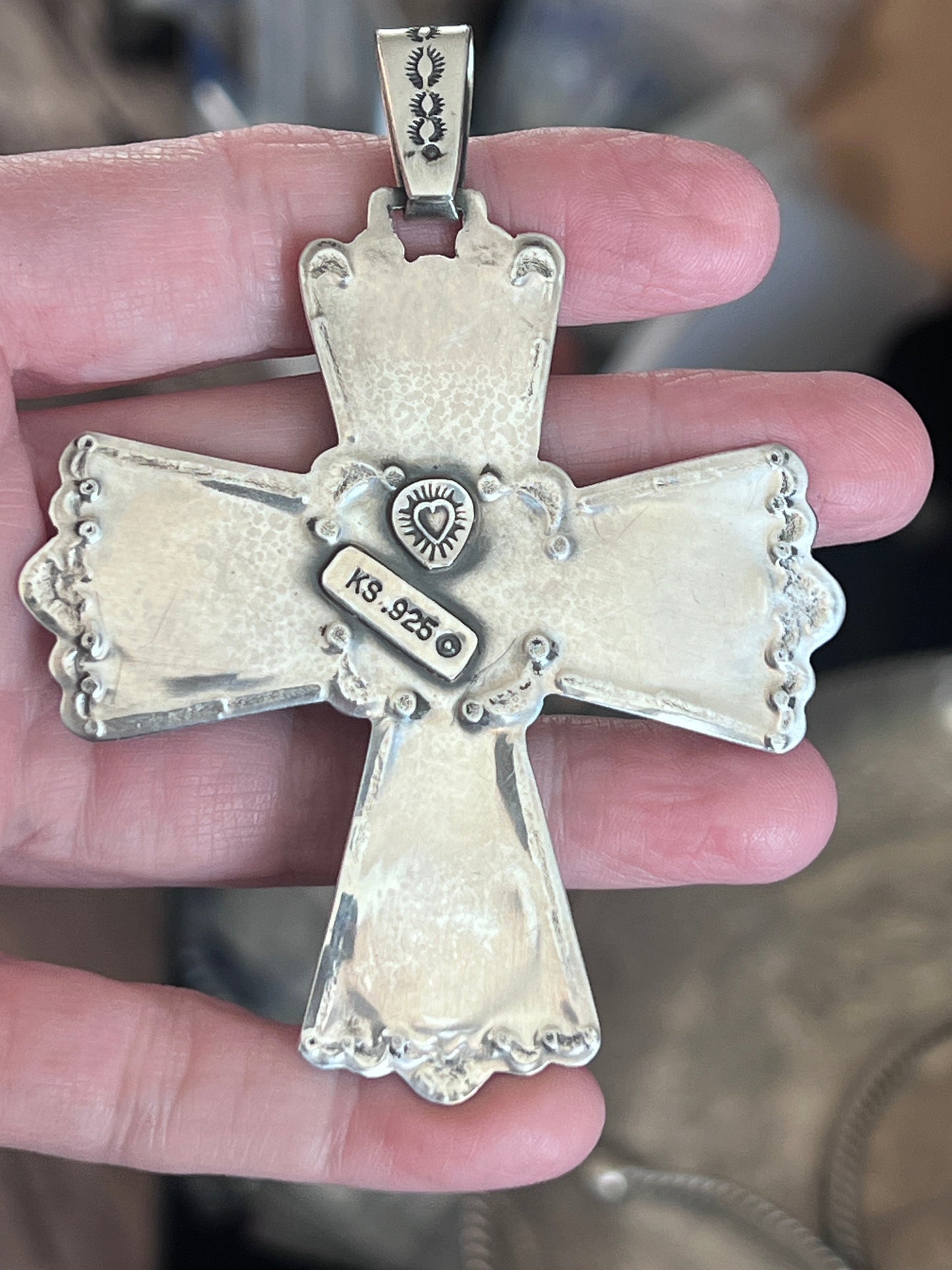 Hand Stamped Sterling Silver, Egyptian Turquoise & Spiny Oyster Cross Pendant by Kimari Somers