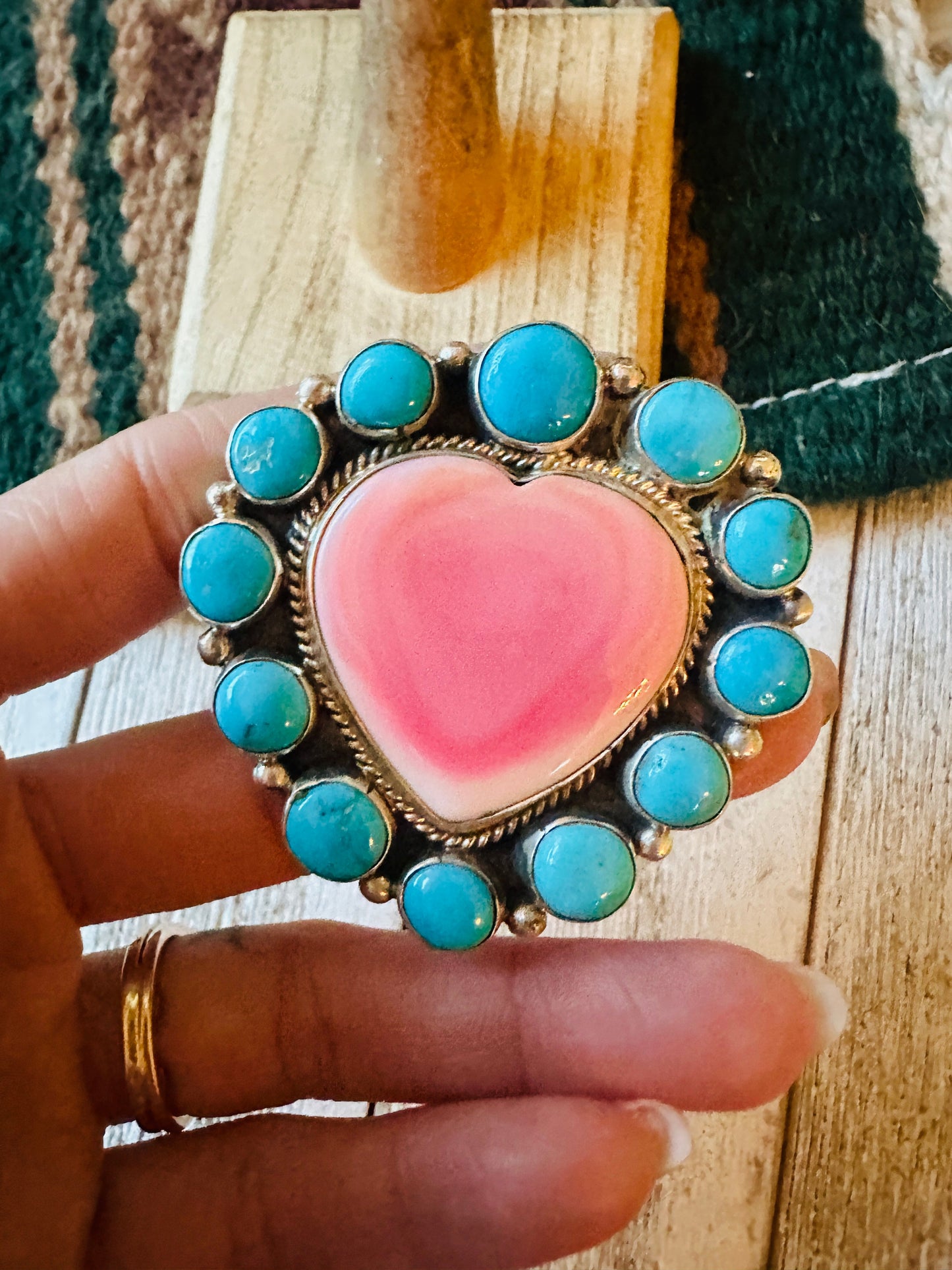 Handcrafted Sterling Silver, Queen Pink Conch & Turquoise Heart Adjustable Ring