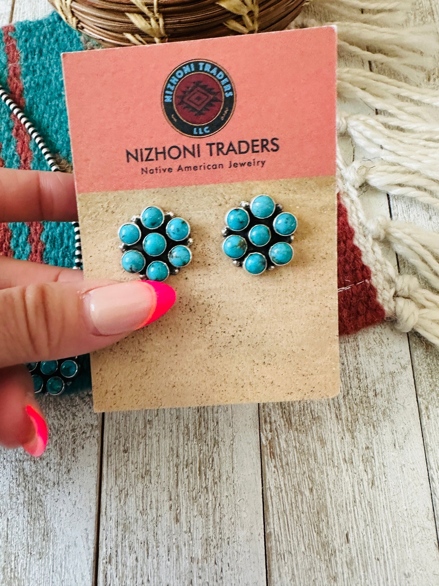 Handcrafted Sterling Silver & Turquoise Cluster Pendant and Earring Set