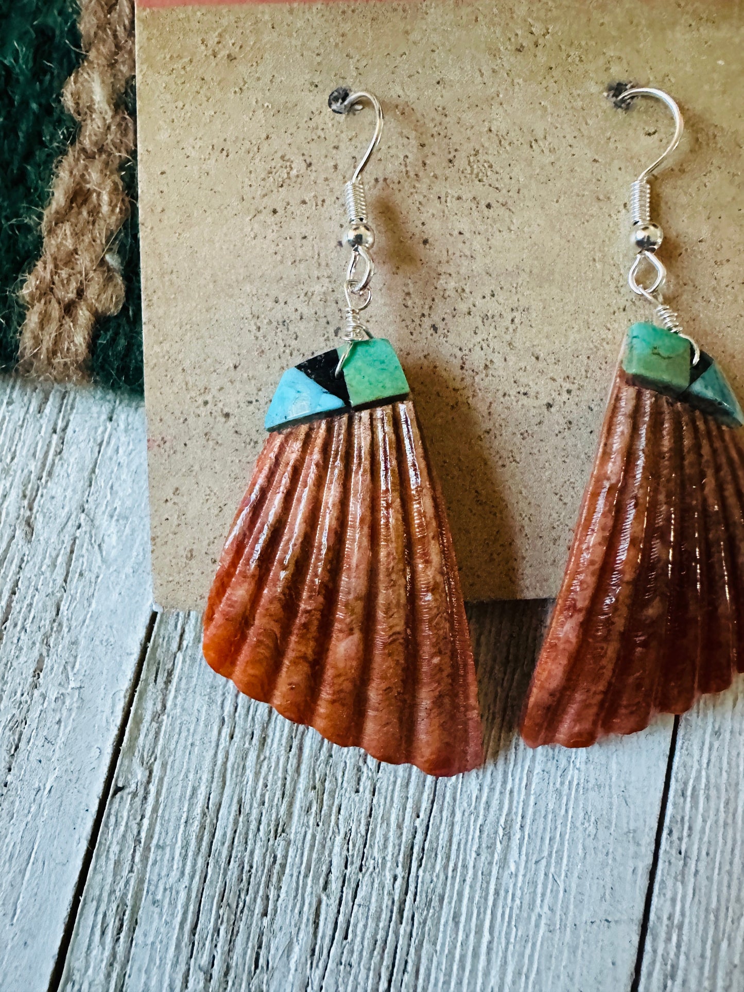 Handcrafted Shell & Turquoise Feather Dangle Earrings