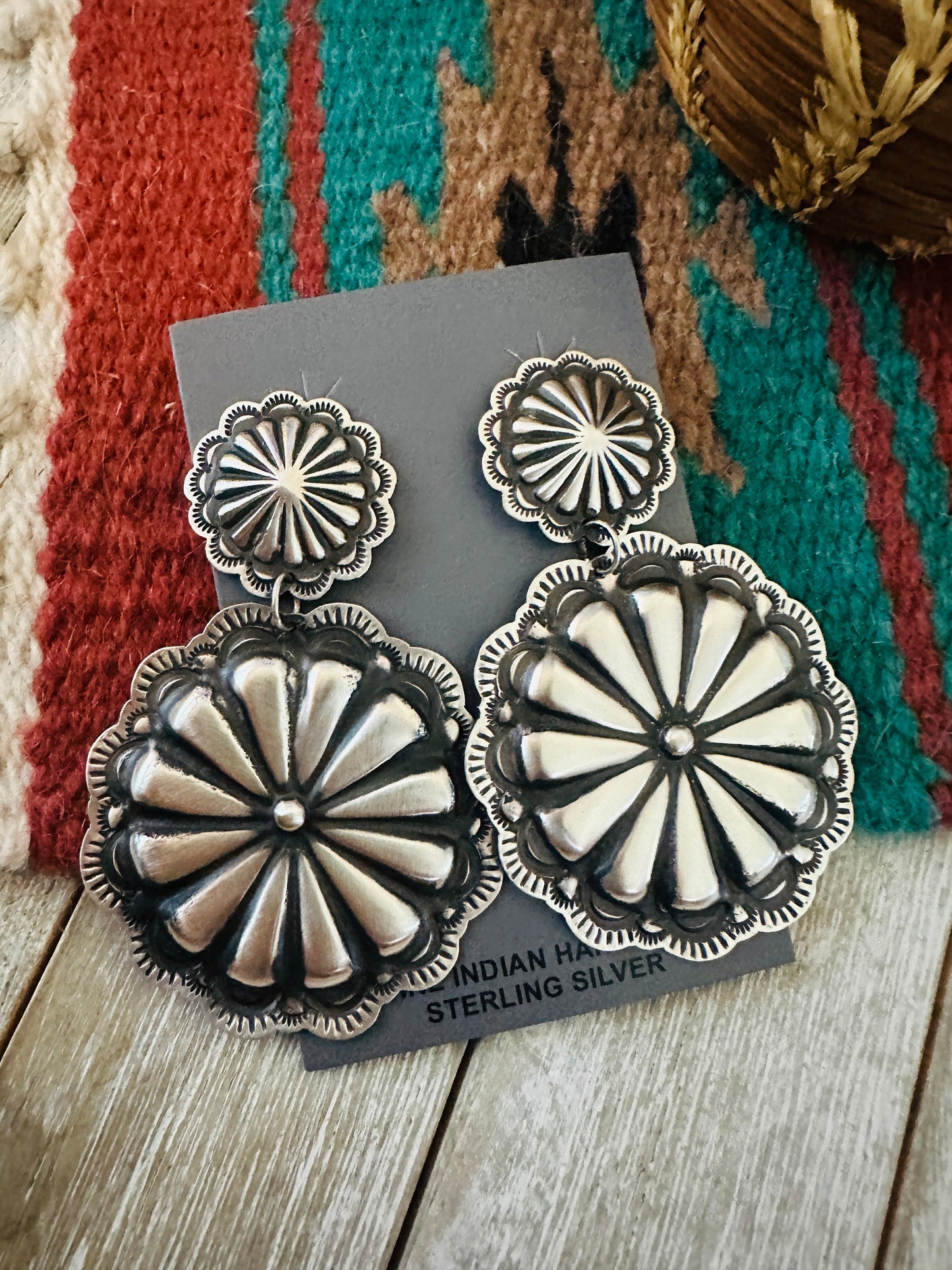 Handcrafted Sterling Silver Concho Dangle Earrings by Leander Tahe