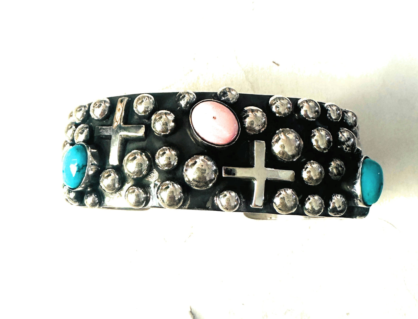 Navajo Turquoise, Queen Pink Conch & Sterling Silver Cross Cuff Bracelet By Chimney Butte