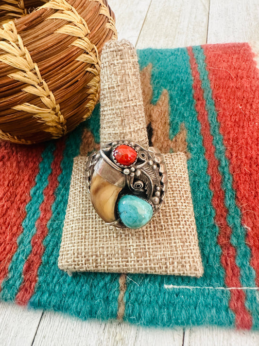 Handcrafted Old Pawn Sterling Silver, Turquoise & Coral Claw Ring Size 11.5