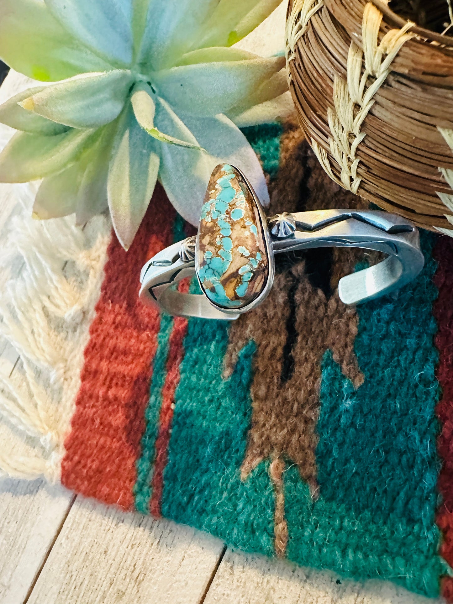 Handcrafted Sterling Silver & Number 8 Turquoise Cuff Bracelet Signed