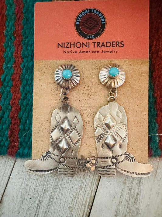 Navajo Turquoise & Sterling Silver Cowboy Boot Dangle Earrings By Tim Yazzie