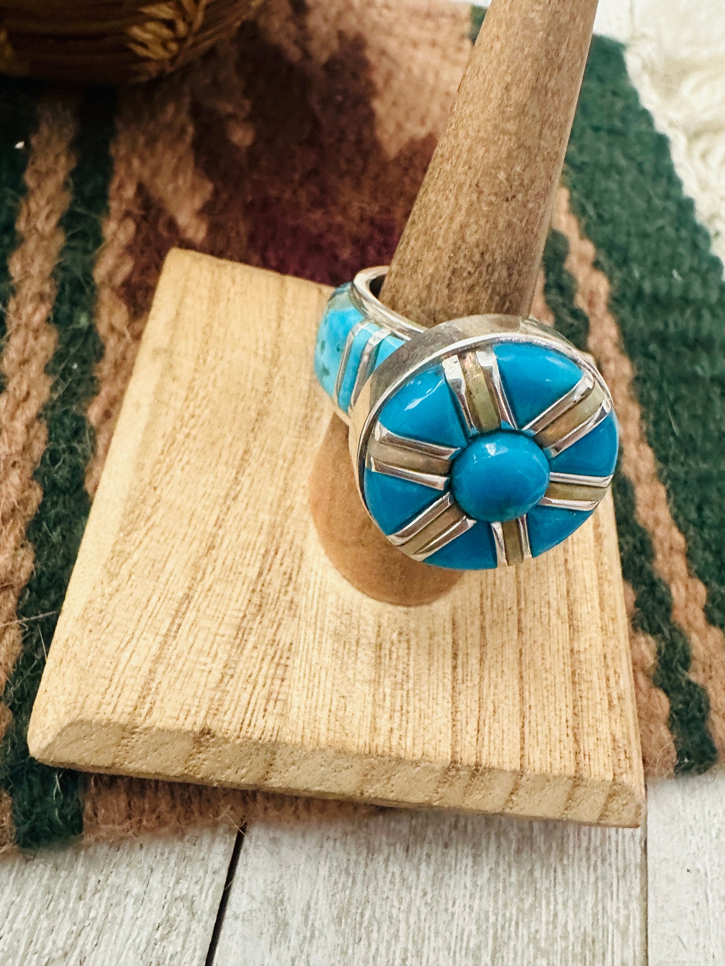 Handcrafted Sterling Silver, Turquoise & Opal Inlay Band Ring Size 7.5