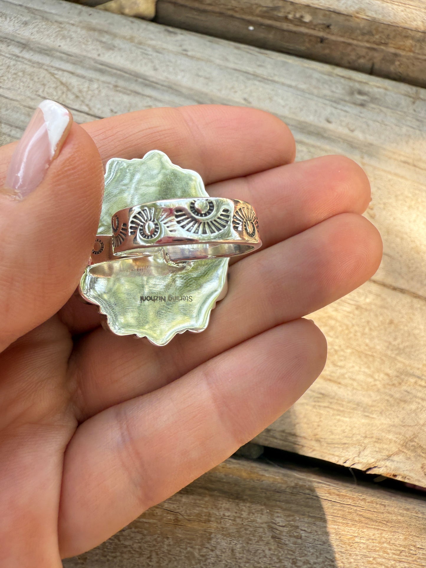 Handmade Sterling Silver Sonoran Mountain Turquoise, Blue Bird Turquoise Adjustable Ring with Signed Nizhoni