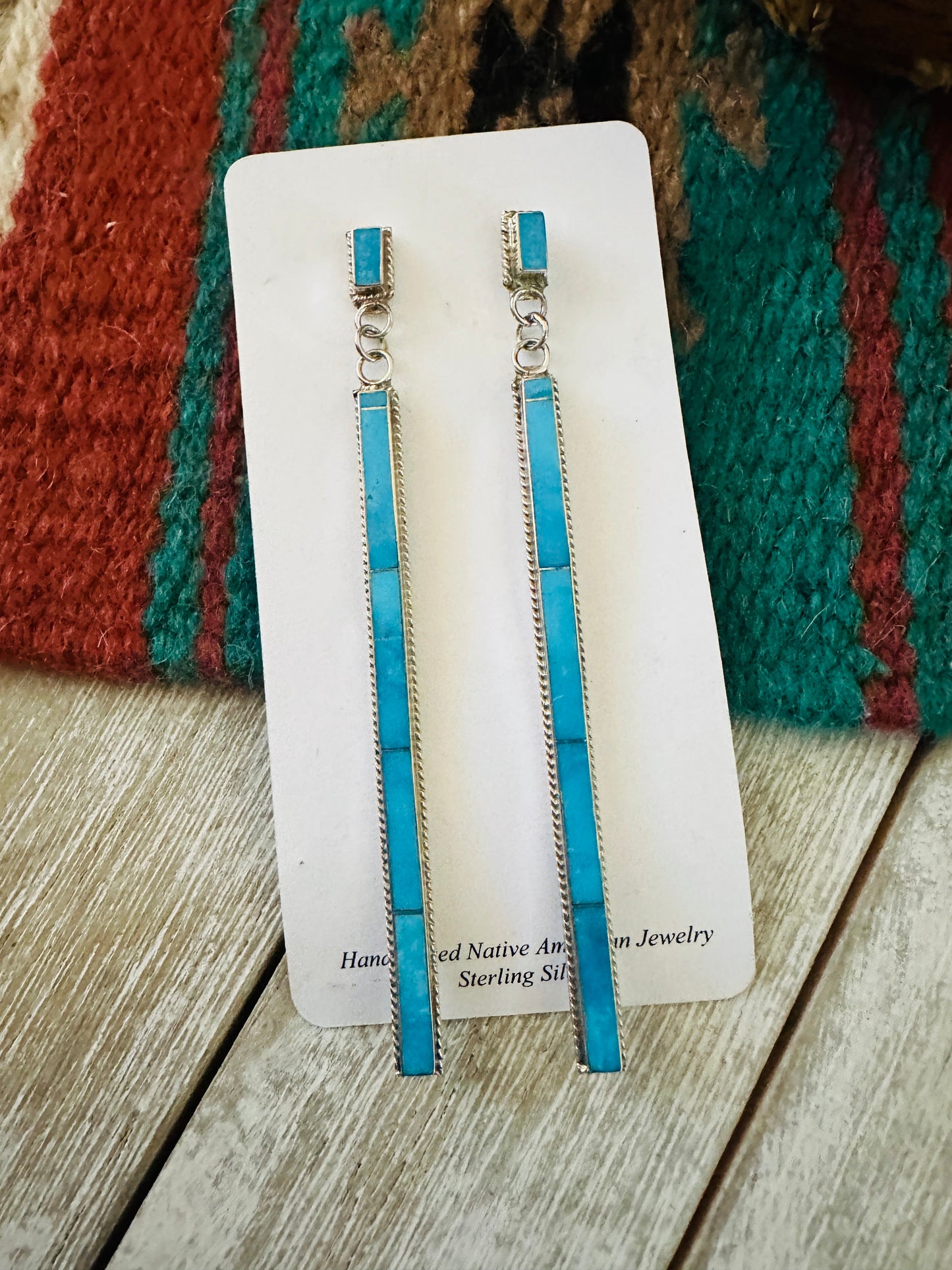 Handcrafted Sterling Silver & Kingman Turquoise Inlay Dangle Earrings by Ricky Booqua