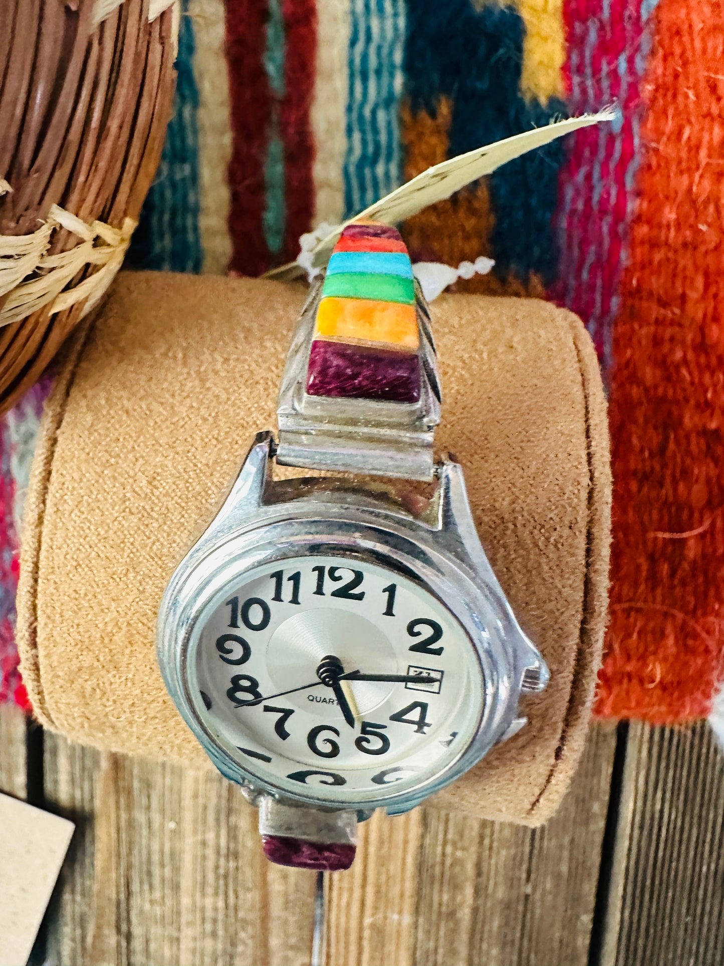 Handcrafted Old Pawn Multi Stone & Sterling Silver Inlay Watch