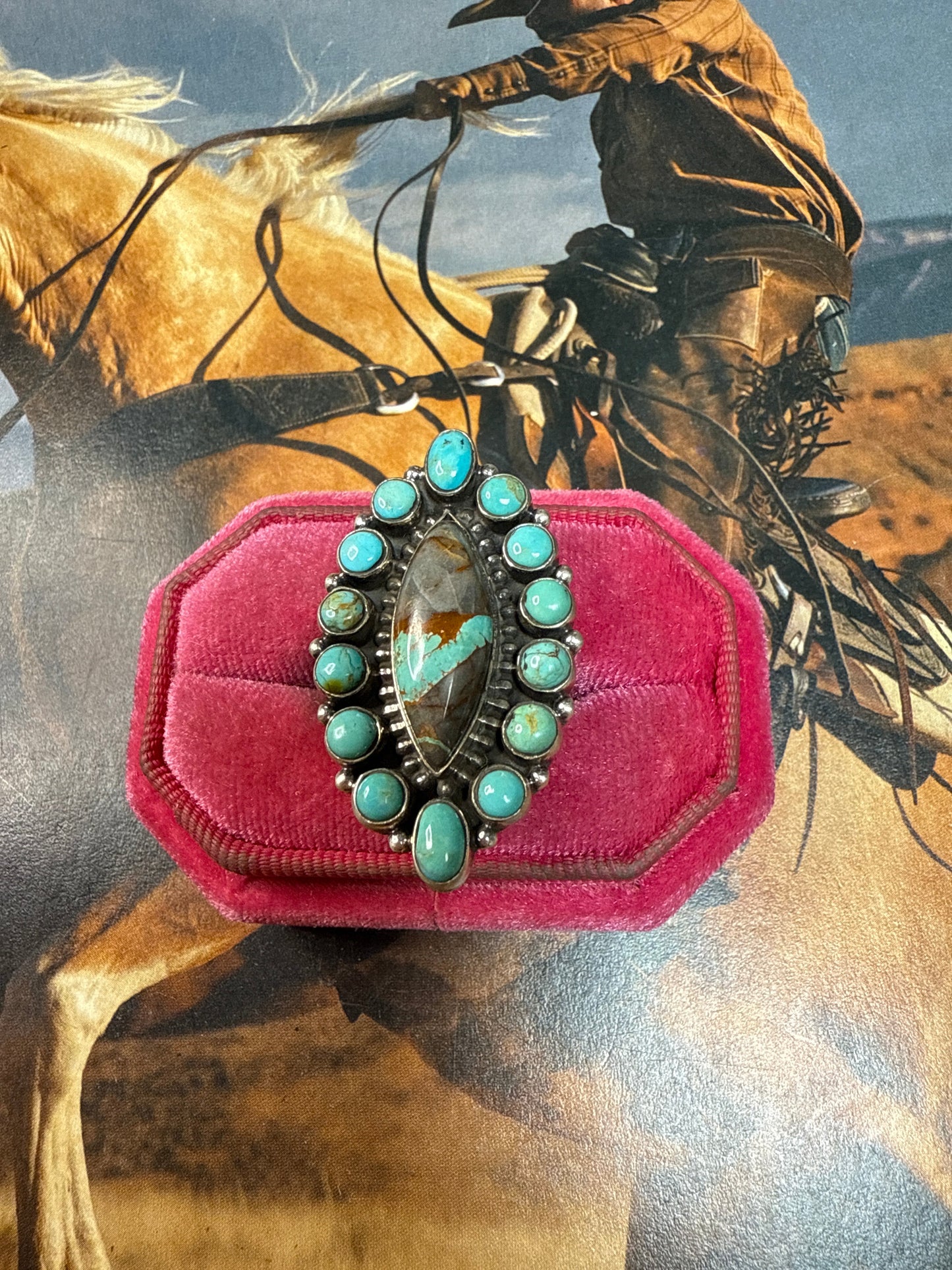 Handmade Sterling Silver, Kingman Turquoise, Ribbon Turquoise Adjustable Ring
