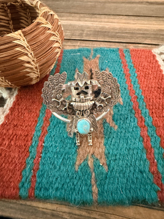 Handcrafted Old Pawn Sterling Silver & Turquoise Kachina Cuff Bracelet