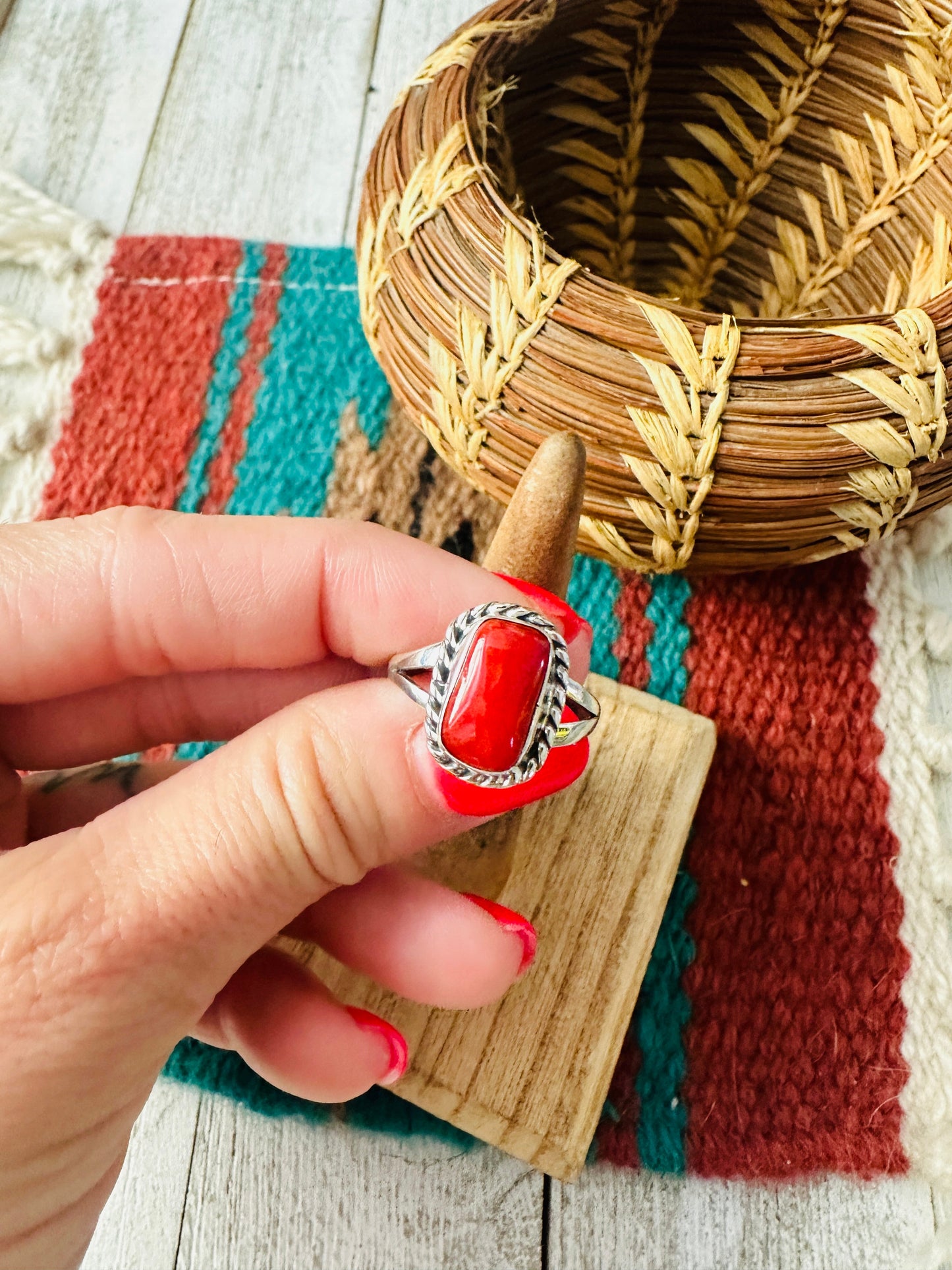 Navajo Coral & Sterling Silver Ring Size 7