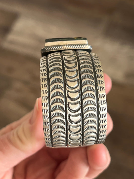 Handcrafted Sterling Silver and Blackjack Turquoise Hand Stamped Cuff Bracelet by Randy Boyd