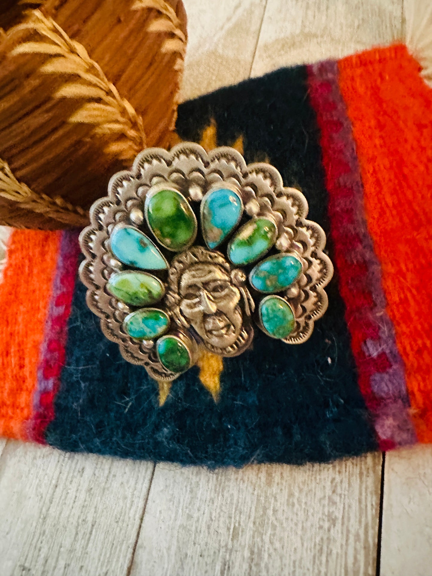 Handcrafted Sonoran Mountain Turquoise & Sterling Silver Indian Chief Adjustable Ring