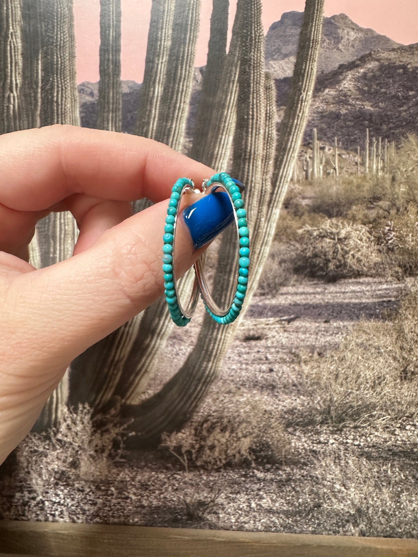 Handmade Turquoise and Sterling Silver Beaded Hoop Earrings