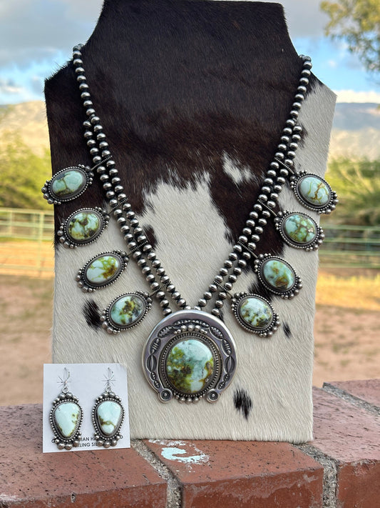 Handcrafted Sterling Silver & Palomino Turquoise Squash Blossom Necklace and Earring Set