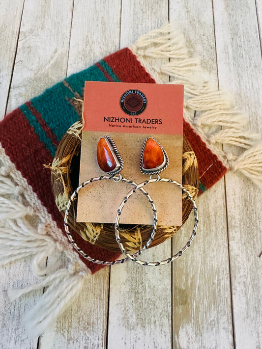 Handcrafted Orange Spiny and Sterling Silver Dangle Hoop Earrings