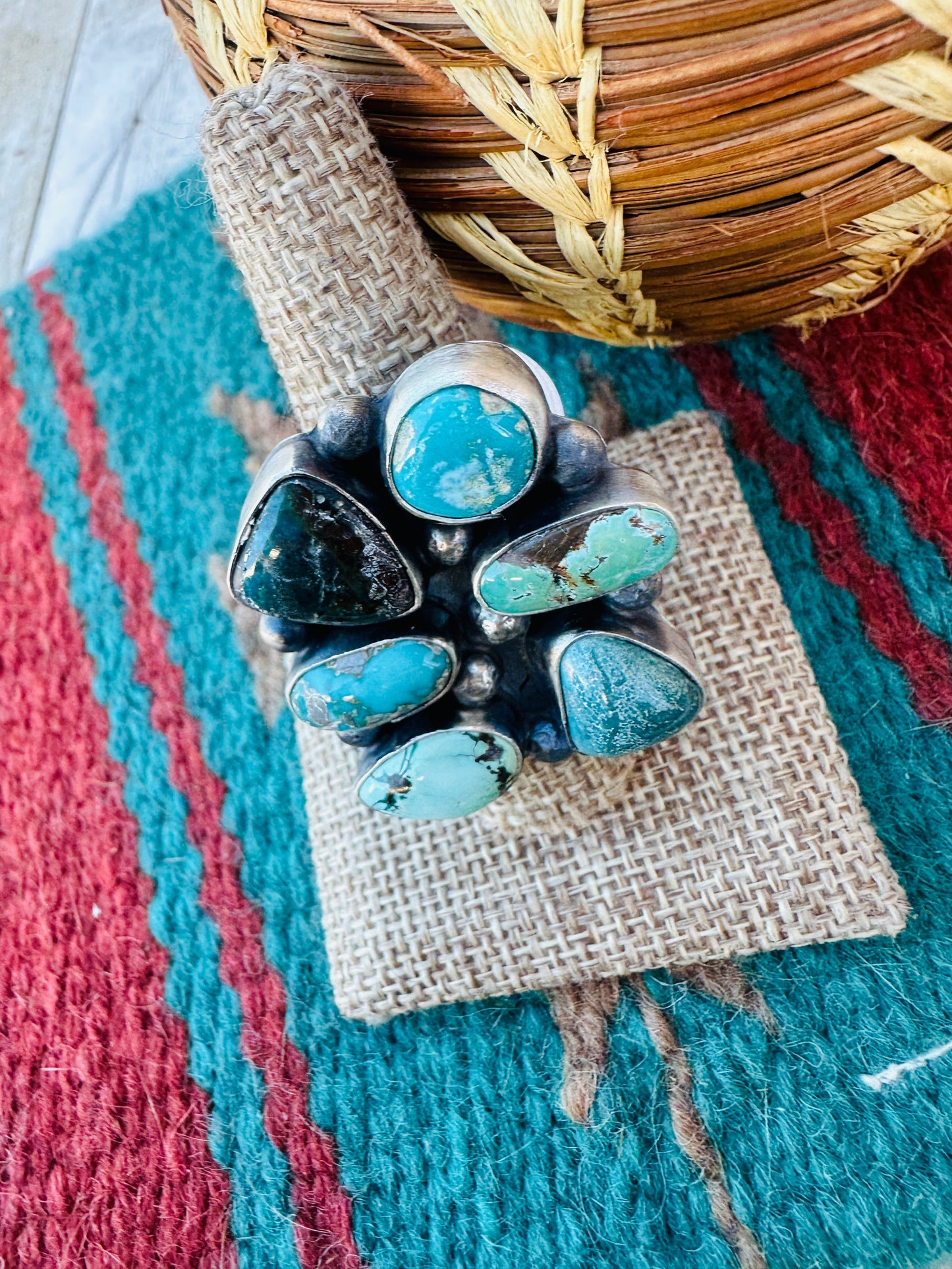Hand Crafted Multi Turquoise & Sterling Silver Cluster Adjustable Ring by Sheila Becenti