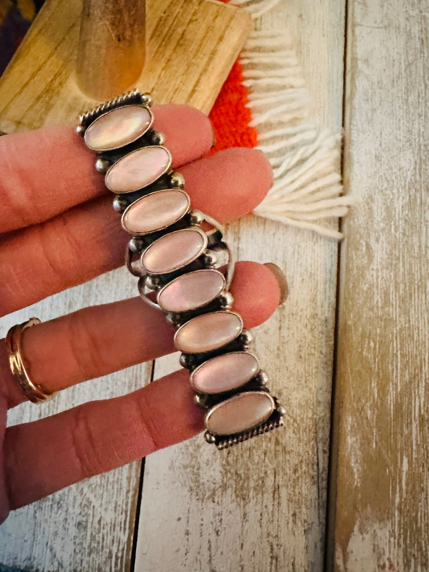 Handcrafted Mother of Pearl & Sterling Silver Ring by Jacqueline Silver Size 8