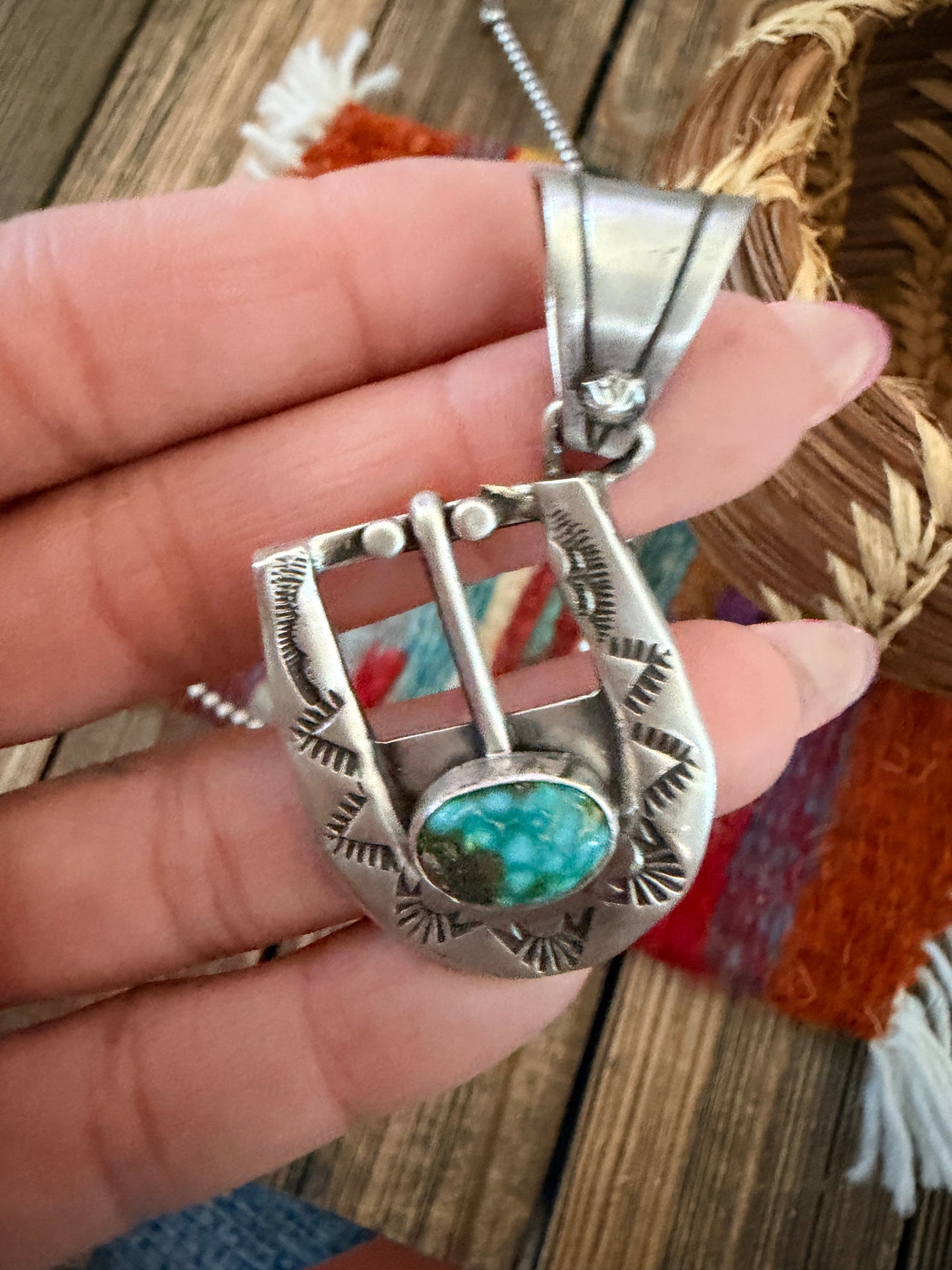 Handcrafted Sterling Silver & Turquoise Belt Buckle Pendant by Leroy James