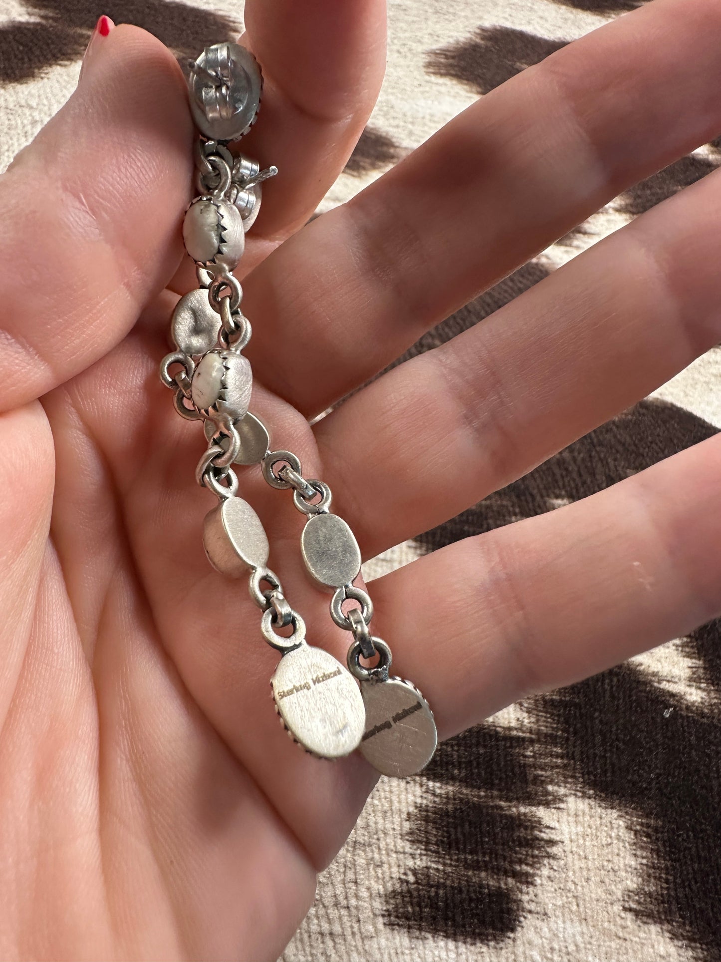 Handmade White Buffalo & Sterling Silver Dangle 5 Stone Earrings