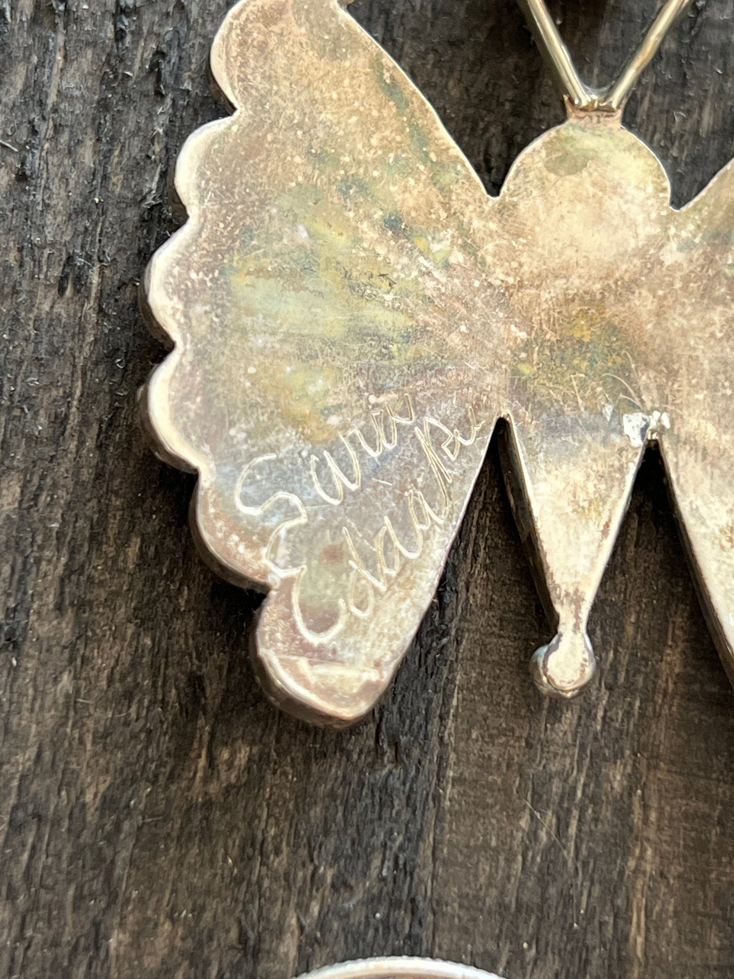 Vintage Handcrafted Sterling Silver, Turquoise, Spiny Oyster Shell and Jet Inlay Butterfly Pendant by Sara Edaakie