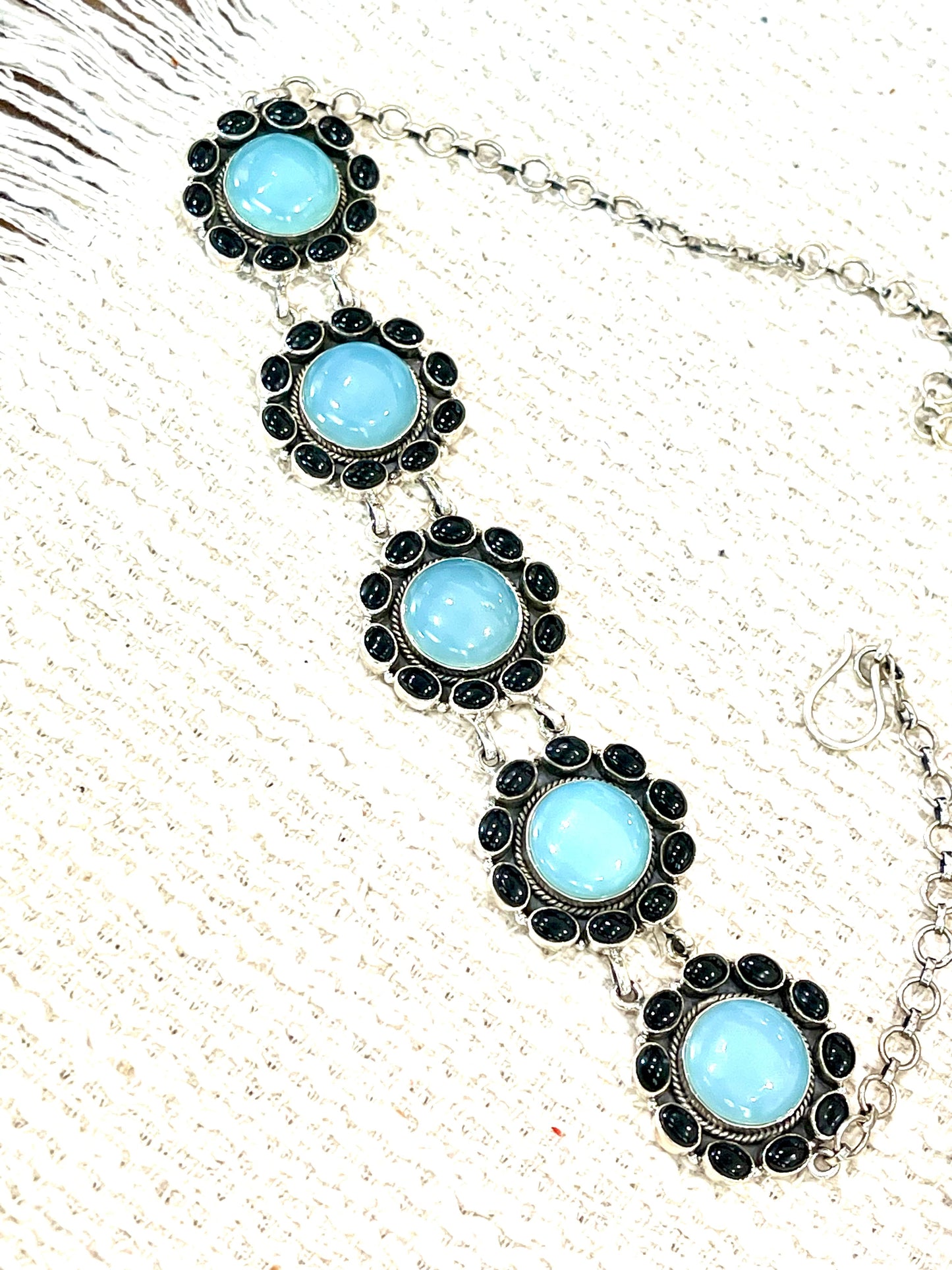 Handmade Sterling Silver, Onyx & Aqua Calcedony Necklace Signed Nizhoni