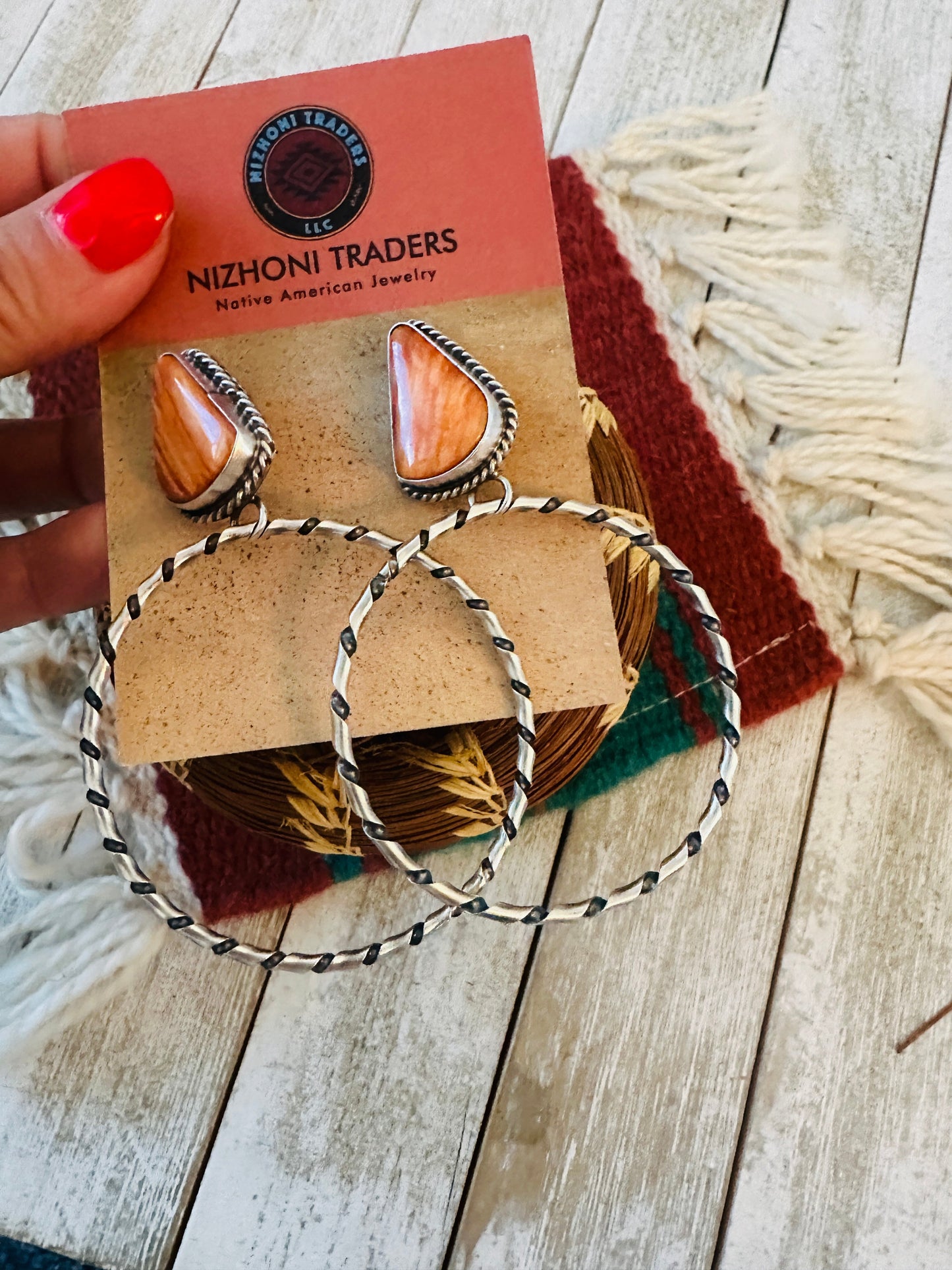 Handcrafted Orange Spiny and Sterling Silver Dangle Hoop Earrings