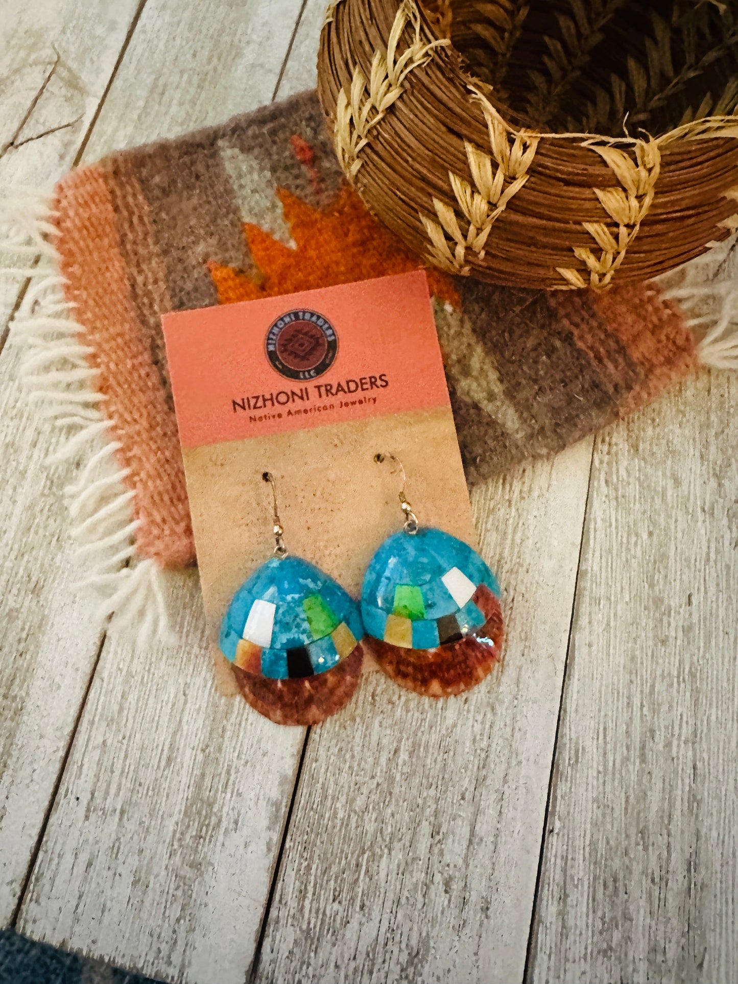 Handcrafted Multi Stone Inlay Shell Dangle Earrings