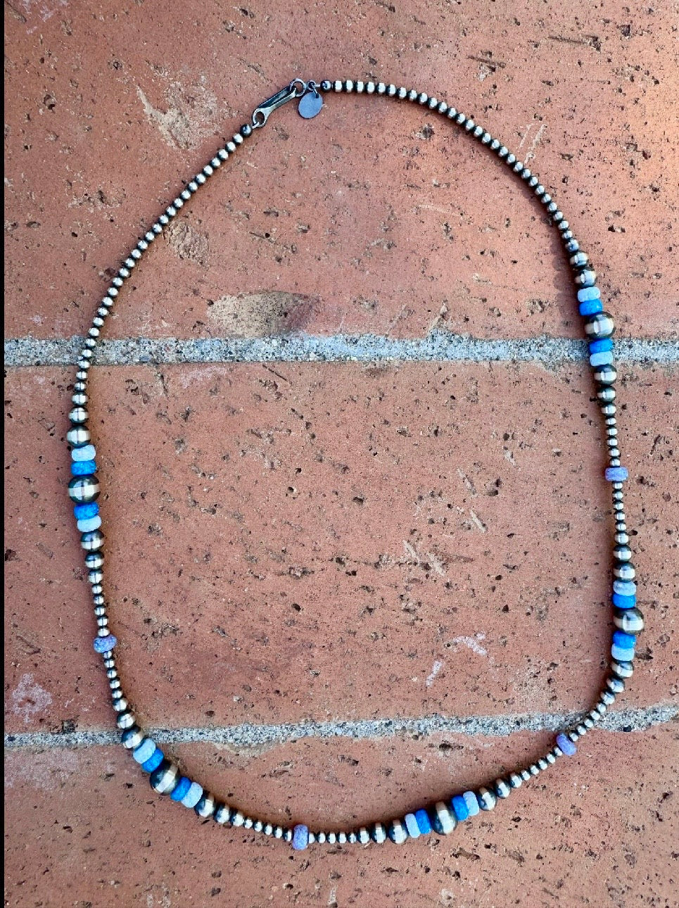 Handcrafted Blue Opal & Sterling Silver Beaded 3-8mm Necklace 22"