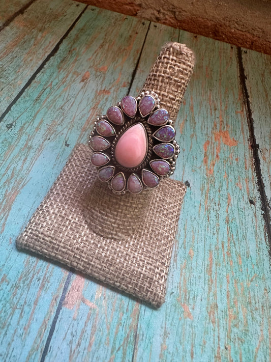 Handmade Adjustable Pink Conch, Purple Fire Opal & Sterling Silver Ring- Tear Drop