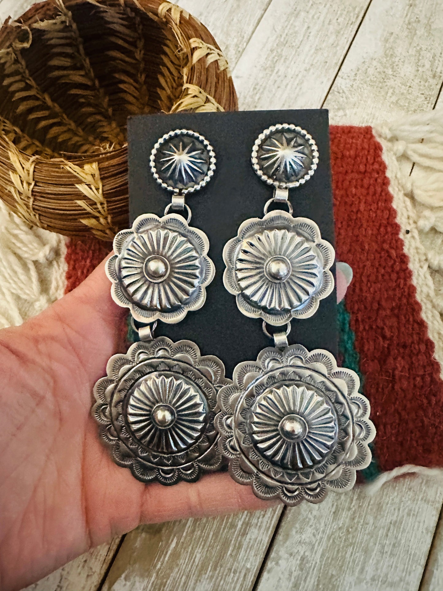Handcrafted Hand Stamped Sterling Silver Concho Dangle Earrings by Hemerson Brown