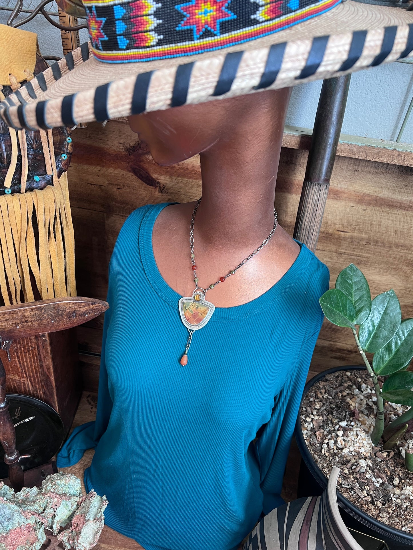 Tularosa Rosary Style Sterling Silver, Red Creek Jasper and Citrine Sunset Necklace