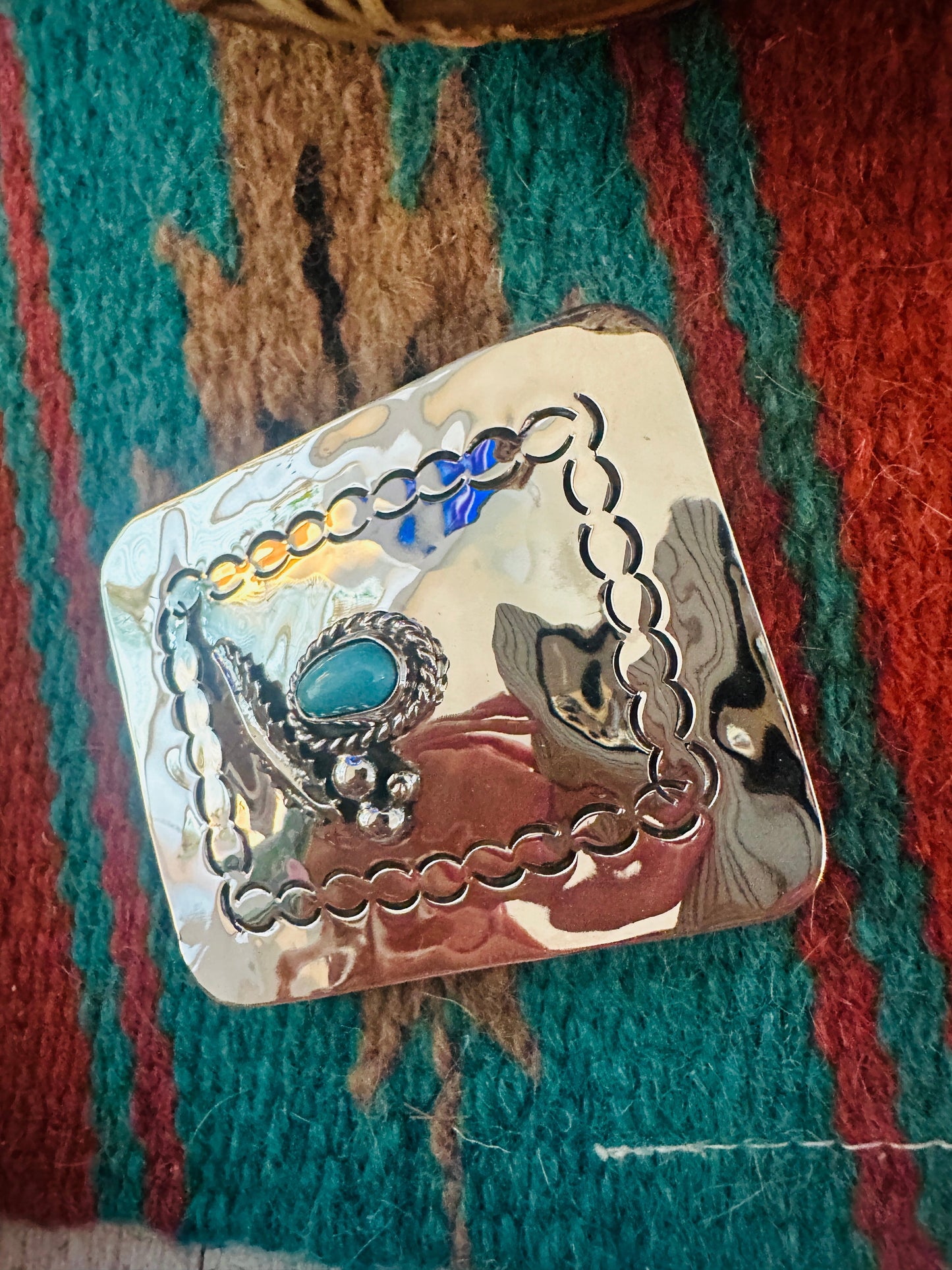 Handcrafted Turquoise & Hand Stamped Sterling Silver Belt Buckle