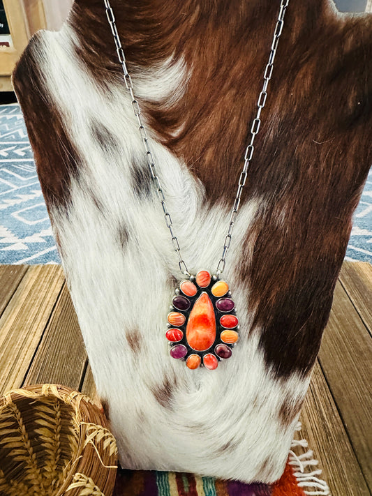 Handcrafted Multicolor Spiny Oyster & Sterling Silver Cluster Necklace by Sheila Becenti